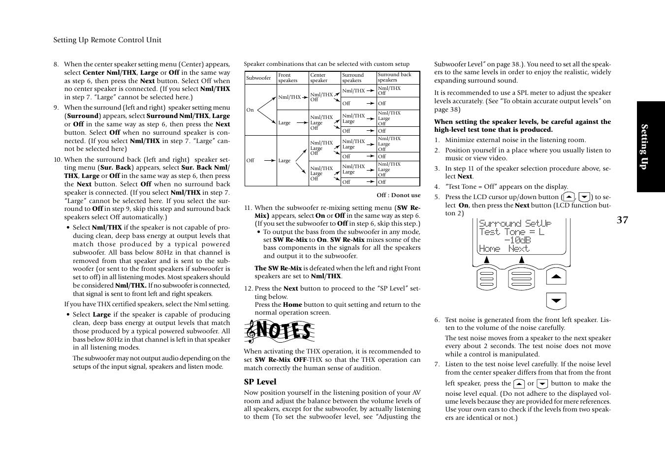 Setting up, Sp level, Surround setup test tone = l -10db home next | Kenwood KRF-X7775D User Manual | Page 131 / 146