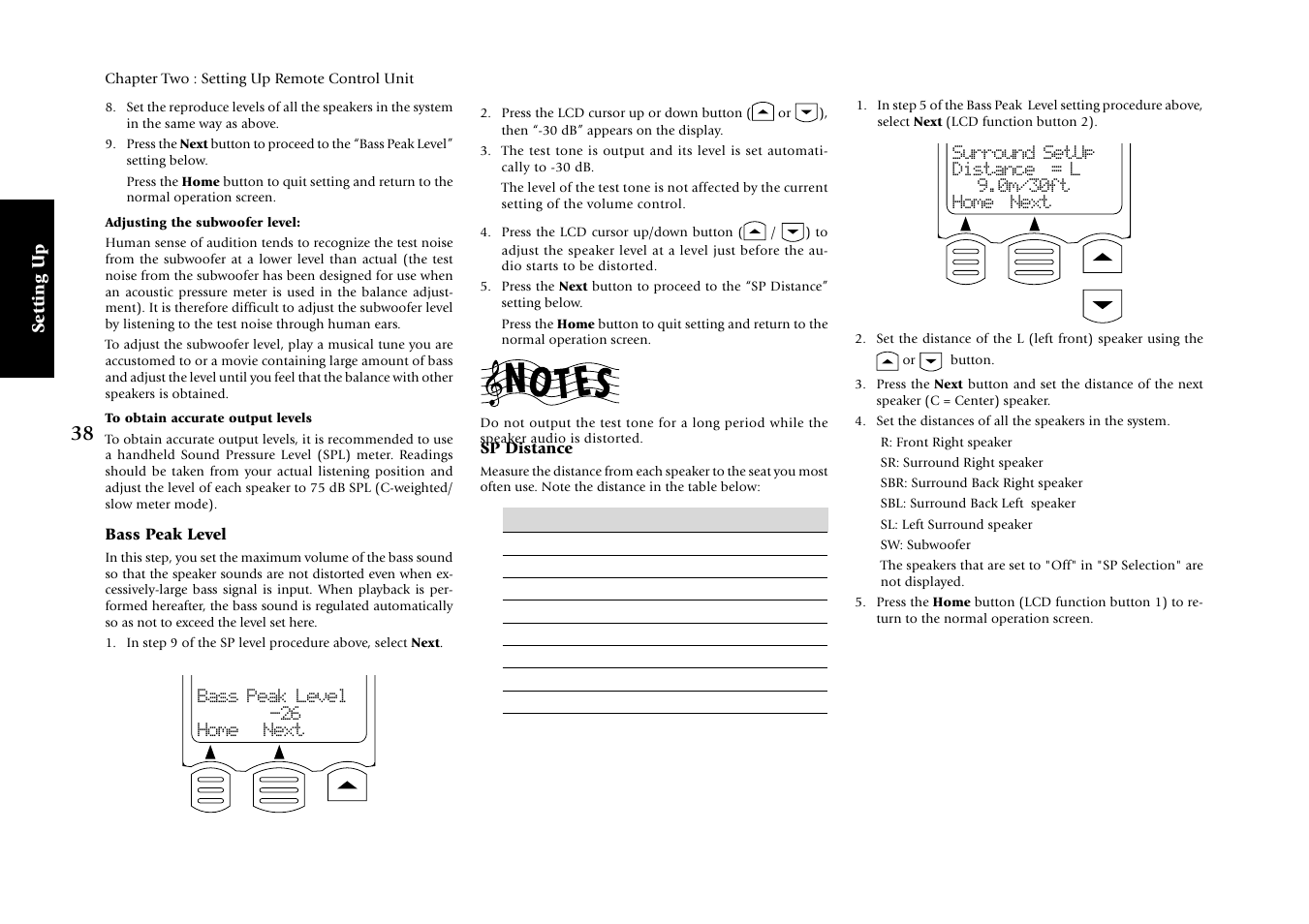 Setting up, Bass peak level, Bass peak level -26 home next | Surround setup distance = l 9.0m/30ft home next, Sp distance | Kenwood KRF-X7775D User Manual | Page 132 / 146