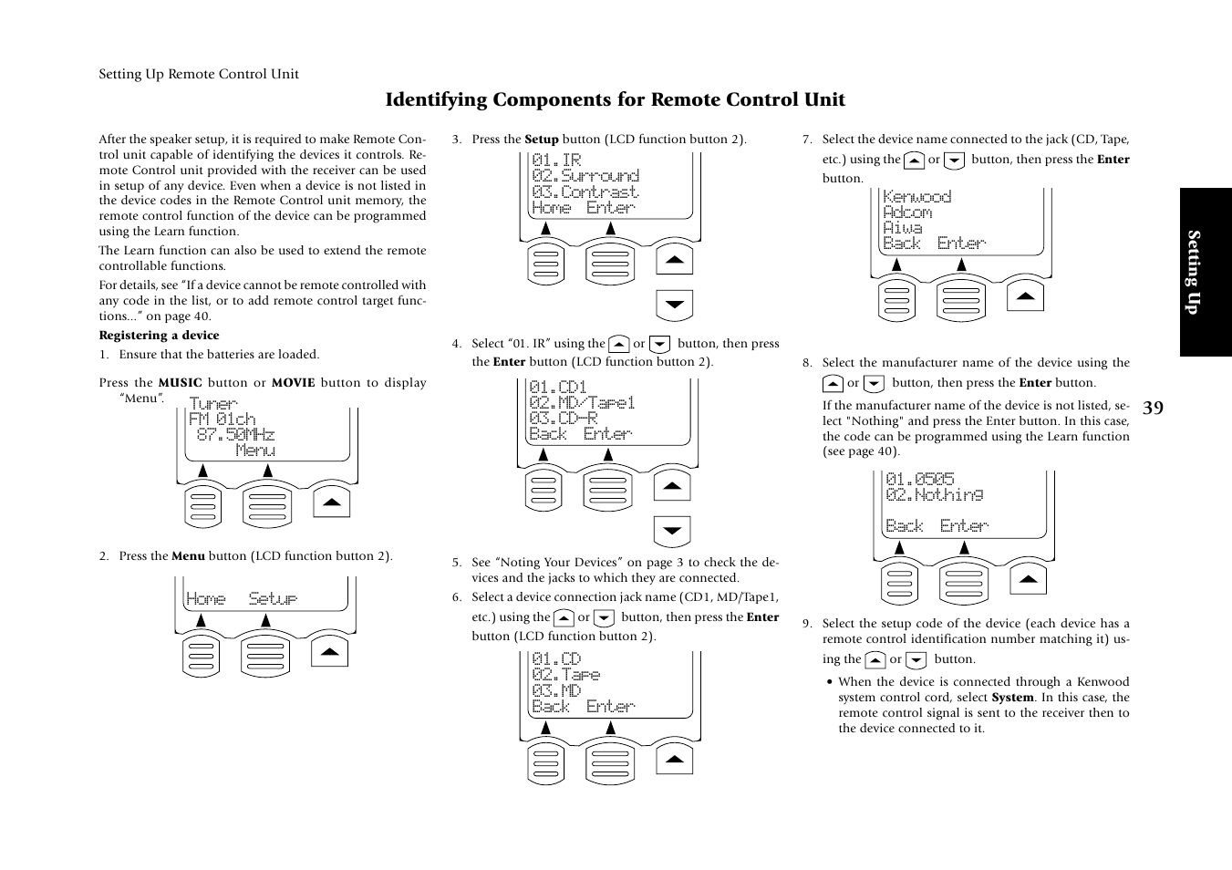 Identifying components for remote control unit, Setting up | Kenwood KRF-X7775D User Manual | Page 133 / 146