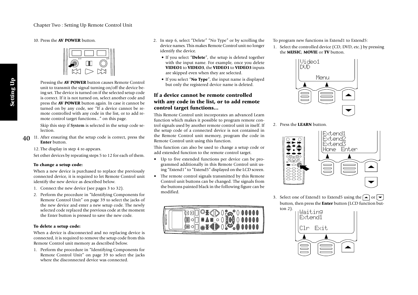 Setting up, Chapter two : setting up remote control unit, Press the av power button | Kenwood KRF-X7775D User Manual | Page 134 / 146