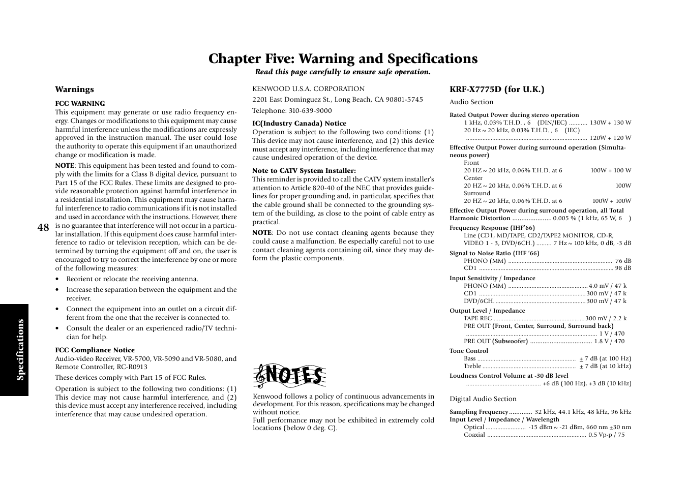 Chapter five: warning and specifications, Specifications, Krf-x7775d (for u.k.) | Warnings | Kenwood KRF-X7775D User Manual | Page 142 / 146