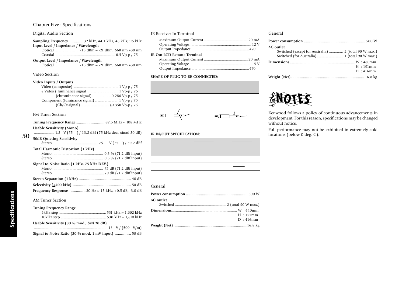 Specifications, Chapter five : specifications | Kenwood KRF-X7775D User Manual | Page 144 / 146