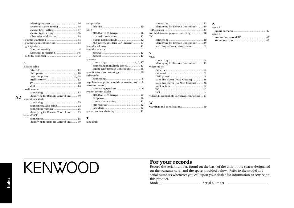 For your records, Index | Kenwood KRF-X7775D User Manual | Page 146 / 146