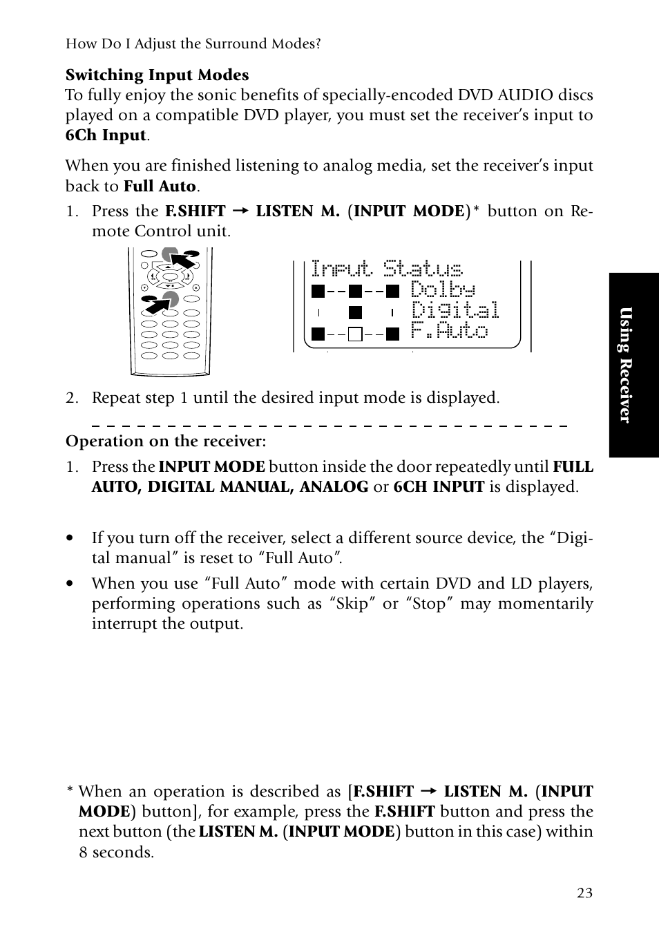 Input status dolby digital f.auto, Using r eceiv er, How do i adjust the surround modes | Kenwood KRF-X7775D User Manual | Page 31 / 146