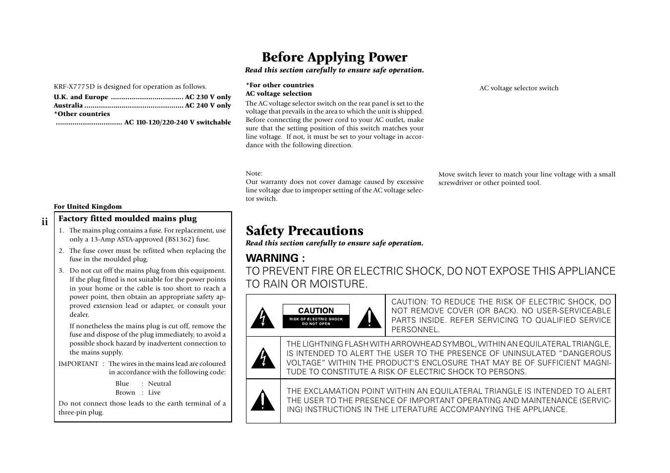 Before applying power, Safety precautions | Kenwood KRF-X7775D User Manual | Page 90 / 146