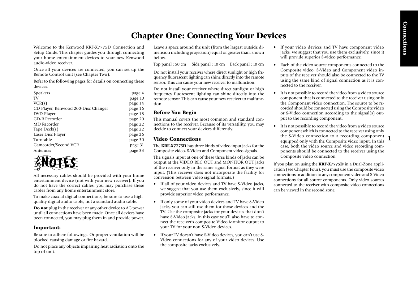 Chapter one: connecting your devices, Connections, Important | Before you begin, Video connections | Kenwood KRF-X7775D User Manual | Page 95 / 146