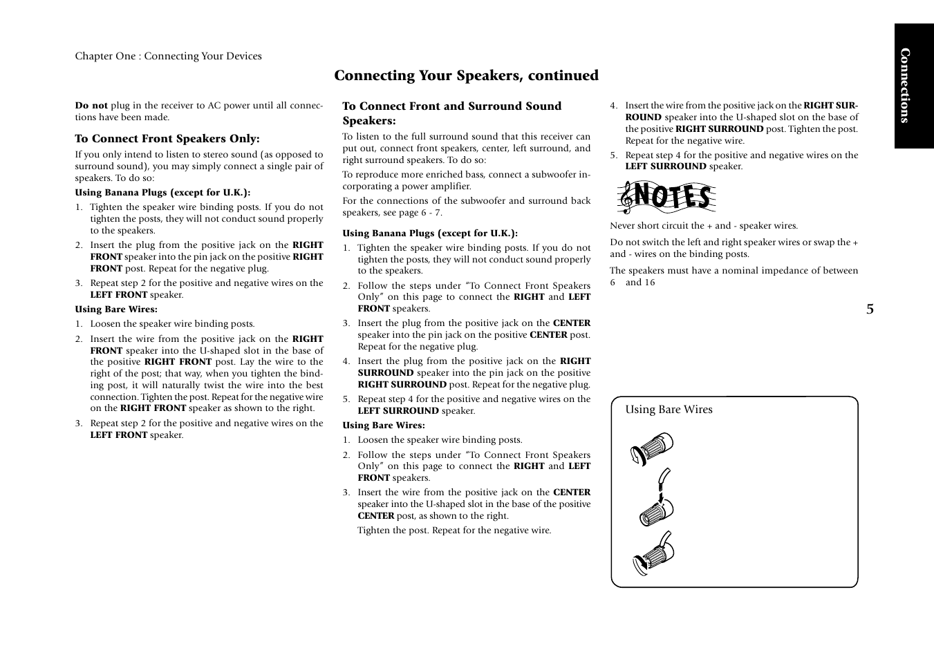 Connecting your speakers, continued, Connections, Using bare wires | Kenwood KRF-X7775D User Manual | Page 99 / 146