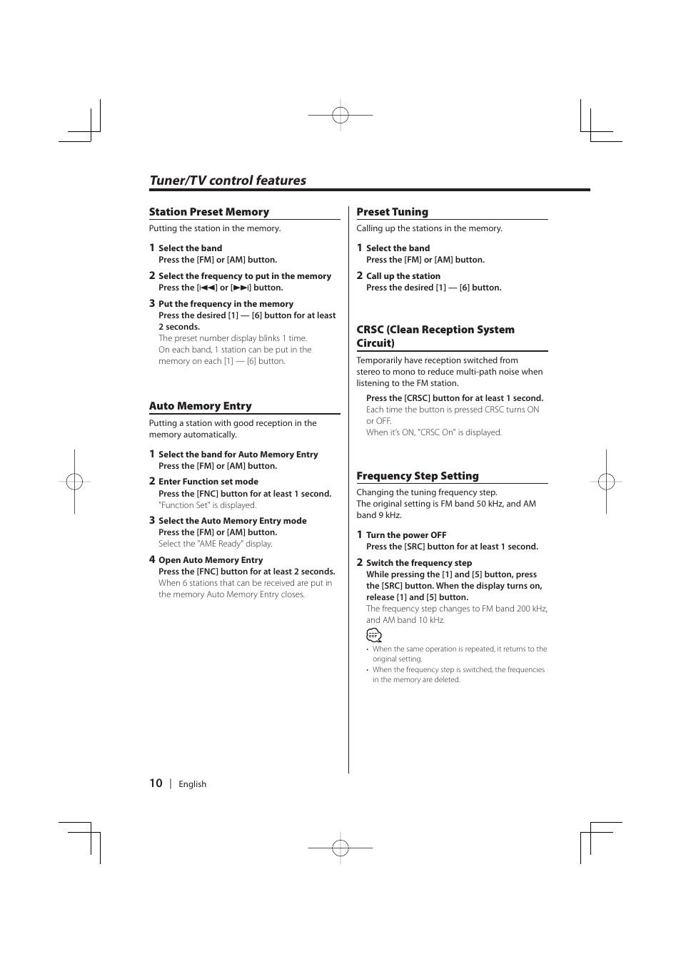 Tuner/tv control features | Kenwood K-CD01 User Manual | Page 10 / 28