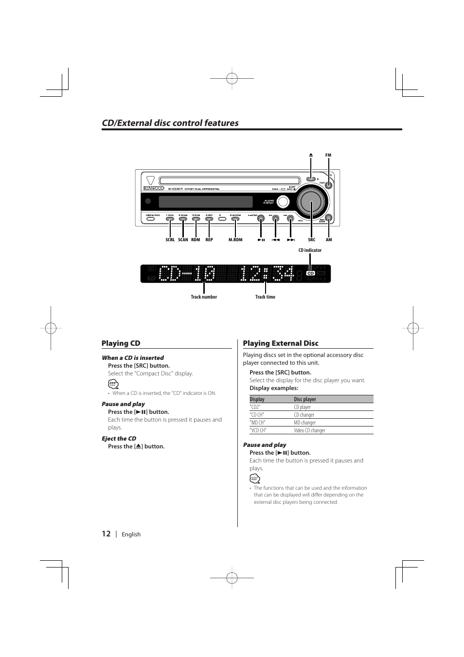 Cd/external disc control features, Playing cd, Playing external disc | Kenwood K-CD01 User Manual | Page 12 / 28