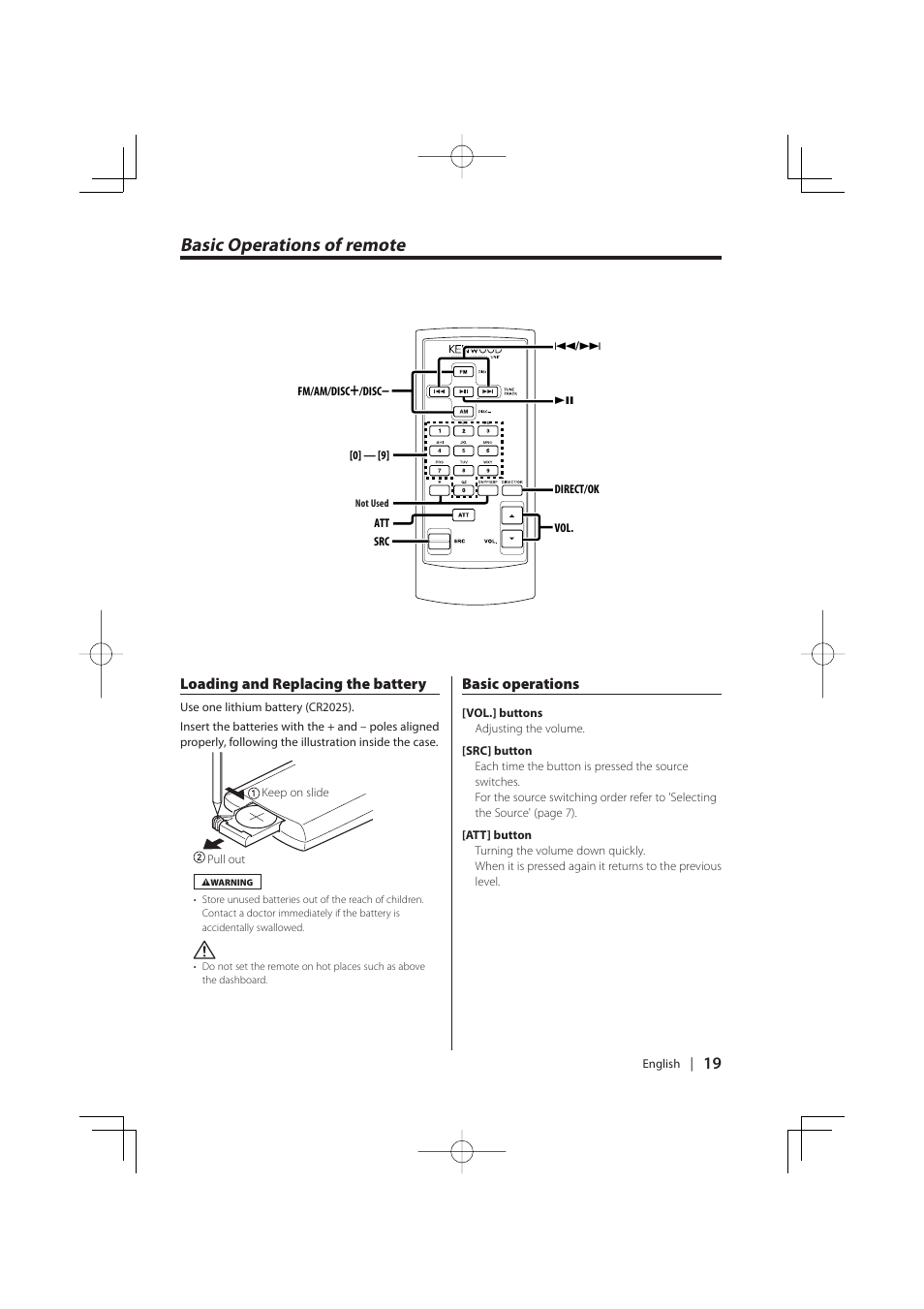 Basic operations of remote | Kenwood K-CD01 User Manual | Page 19 / 28