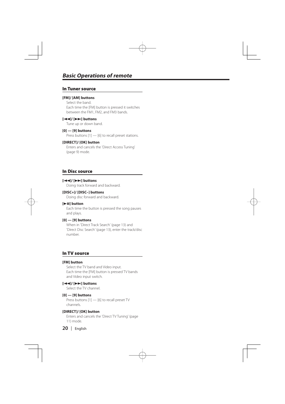 Basic operations of remote | Kenwood K-CD01 User Manual | Page 20 / 28