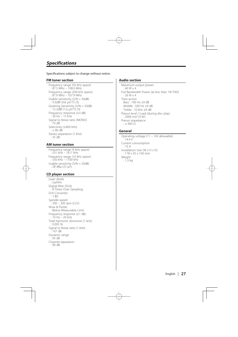 Specifications | Kenwood K-CD01 User Manual | Page 27 / 28