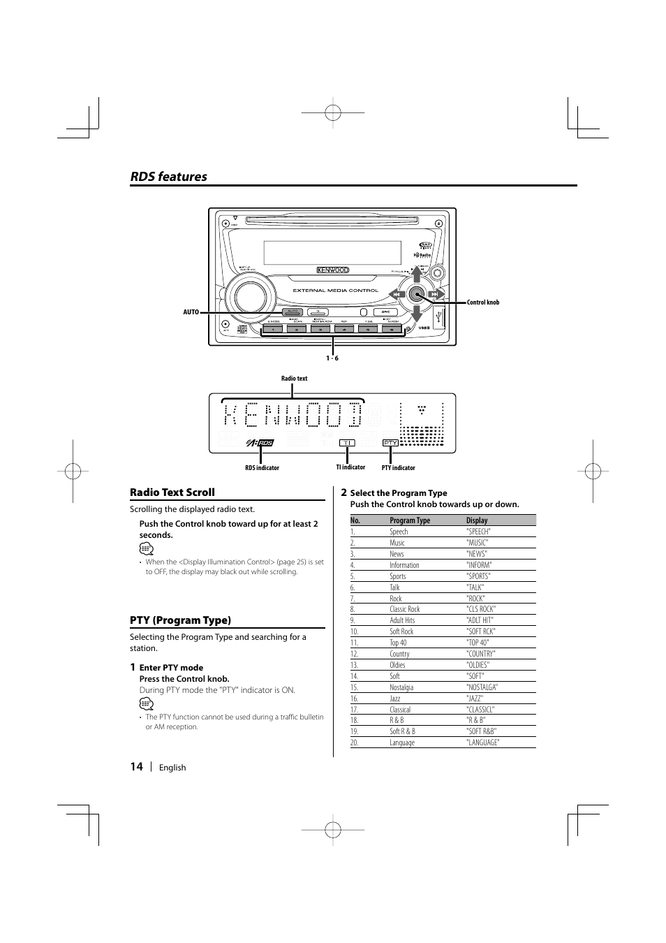 Rds features, Radio text scroll, Pty (program type) | Kenwood DPX502 User Manual | Page 14 / 40