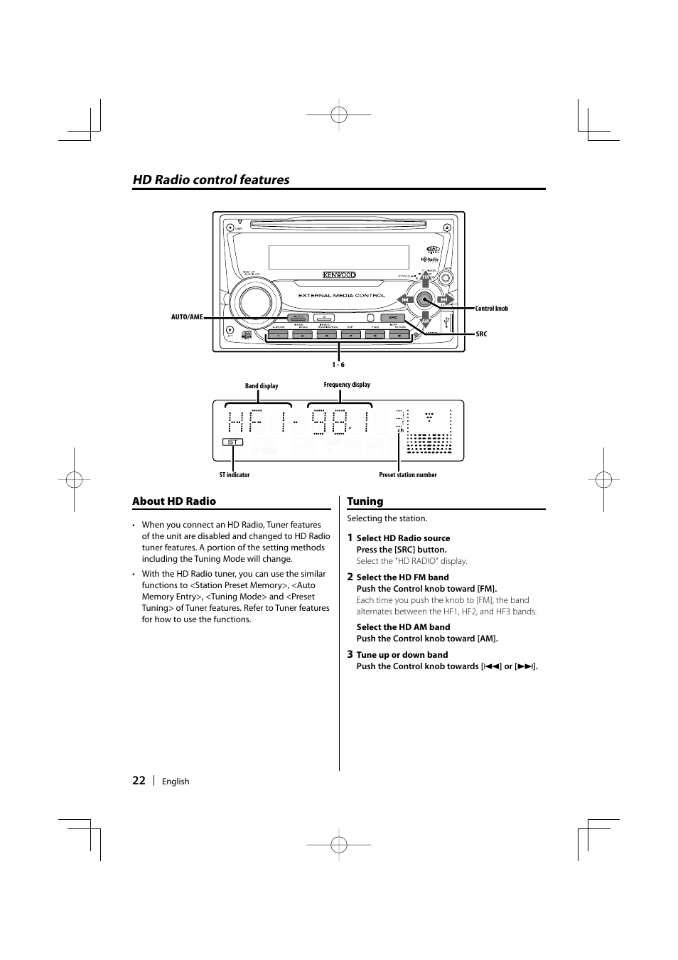 Hd radio control features, About hd radio, Tuning | Kenwood DPX502 User Manual | Page 22 / 40