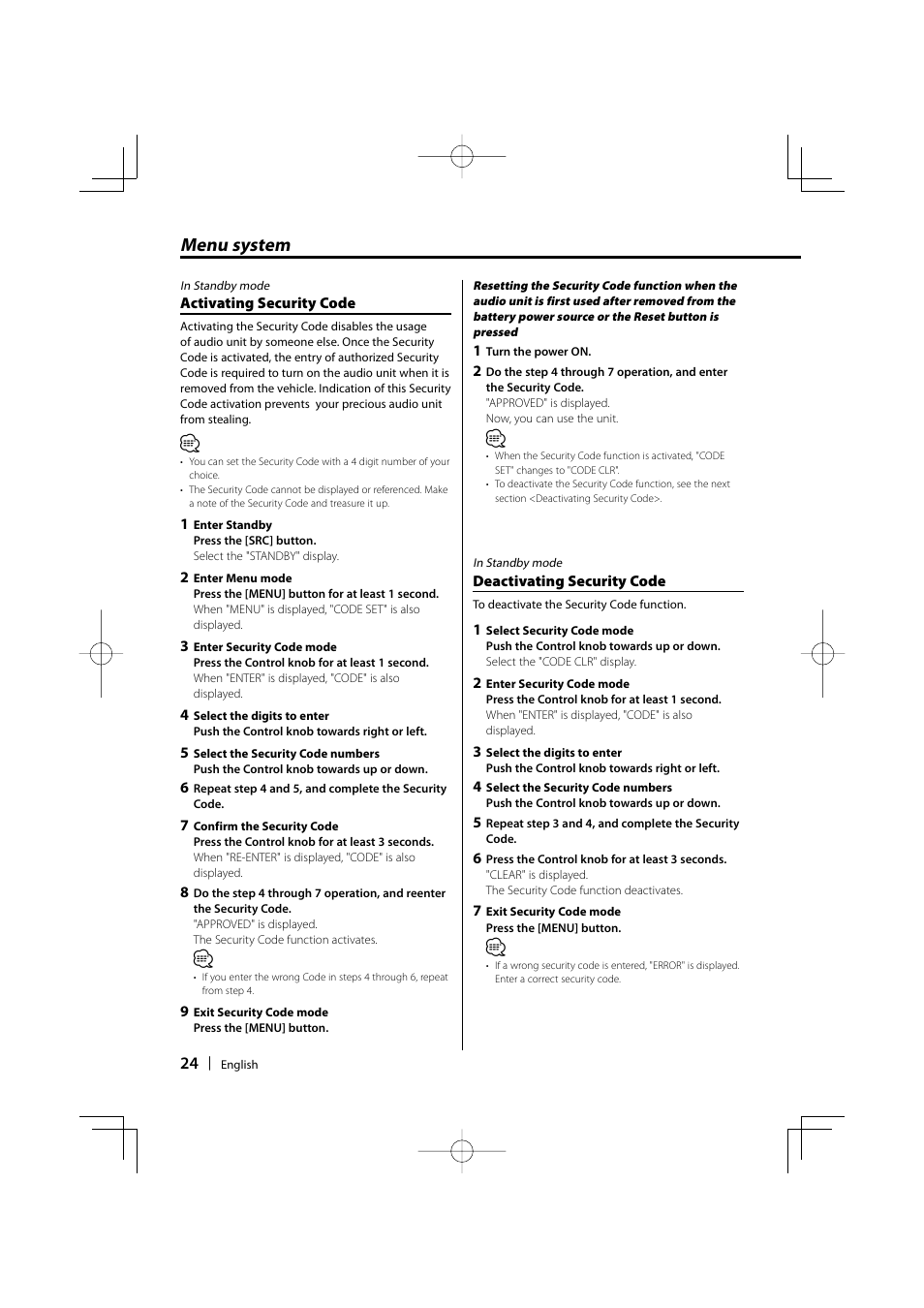 Menu system | Kenwood DPX502 User Manual | Page 24 / 40