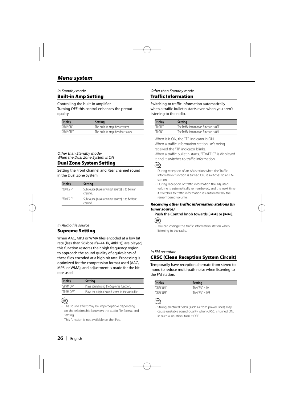 Menu system | Kenwood DPX502 User Manual | Page 26 / 40