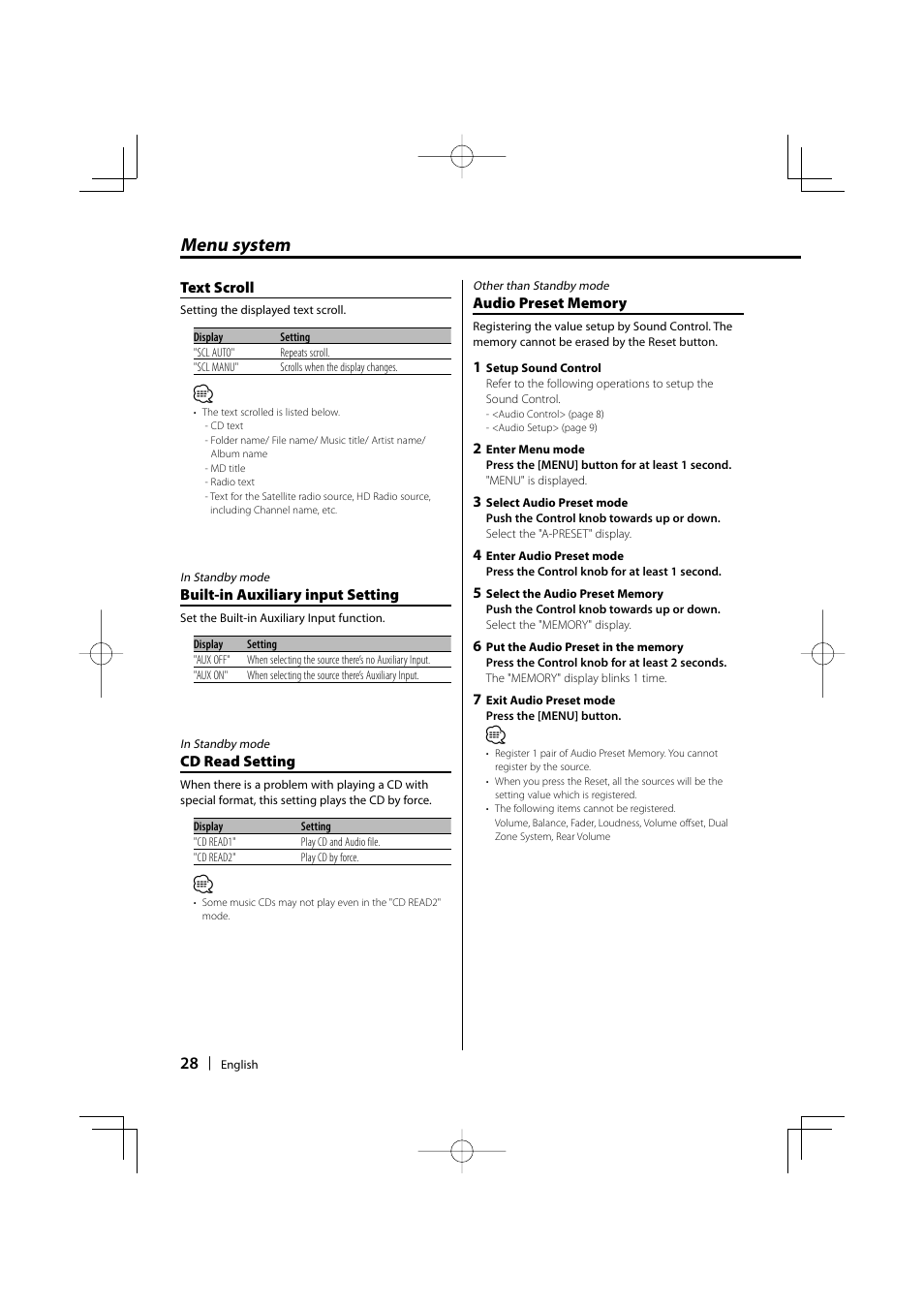 Menu system | Kenwood DPX502 User Manual | Page 28 / 40