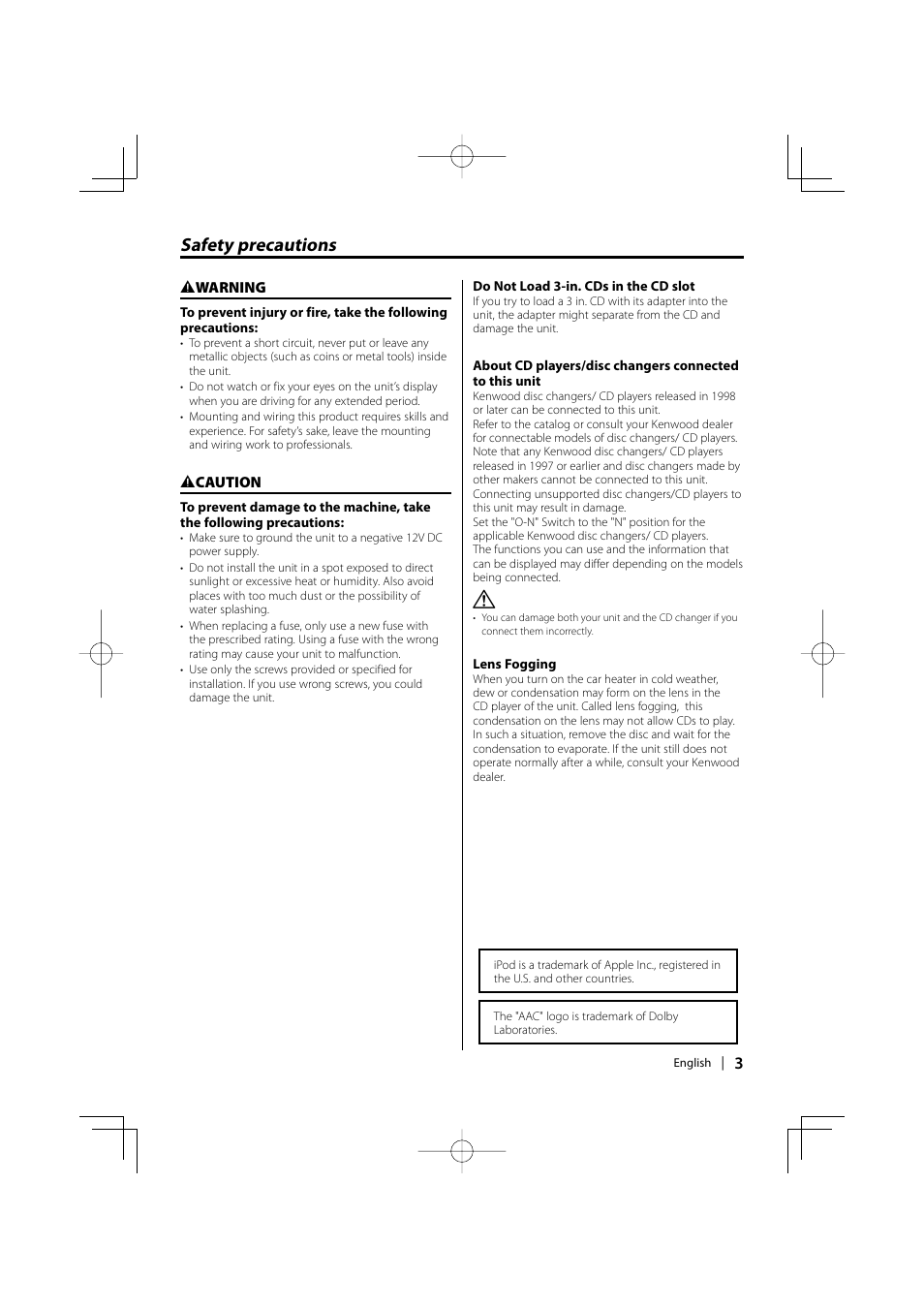 Safety precautions | Kenwood DPX502 User Manual | Page 3 / 40