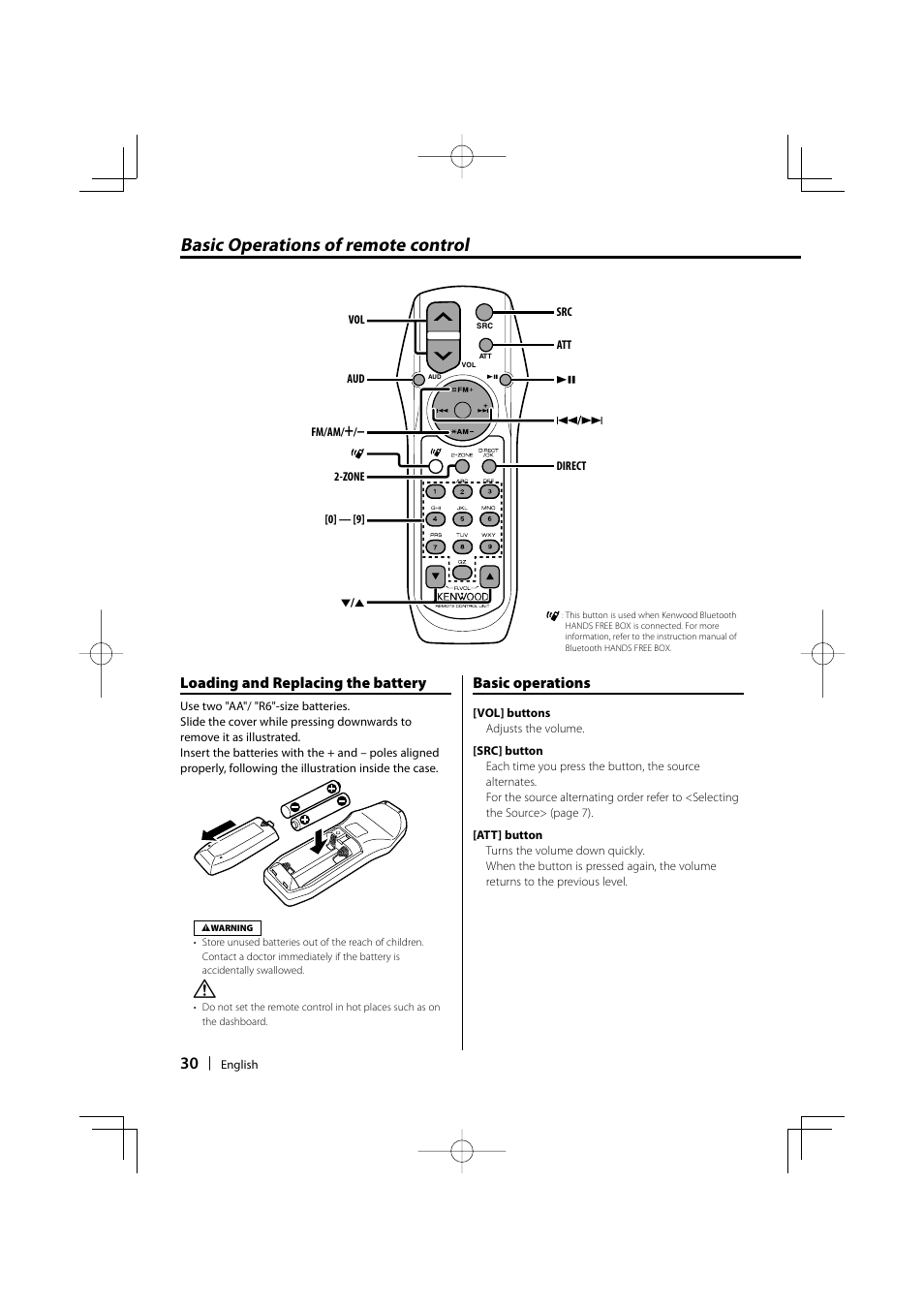 Basic operations of remote control, Loading and replacing the battery, Basic operations | Kenwood DPX502 User Manual | Page 30 / 40