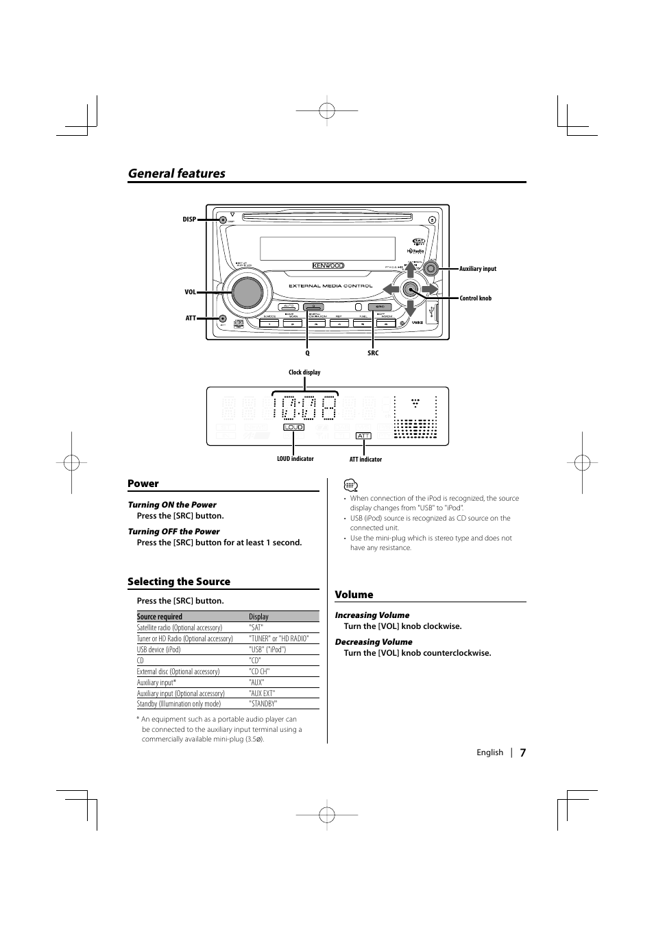 General features, Power, Selecting the source | Volume | Kenwood DPX502 User Manual | Page 7 / 40