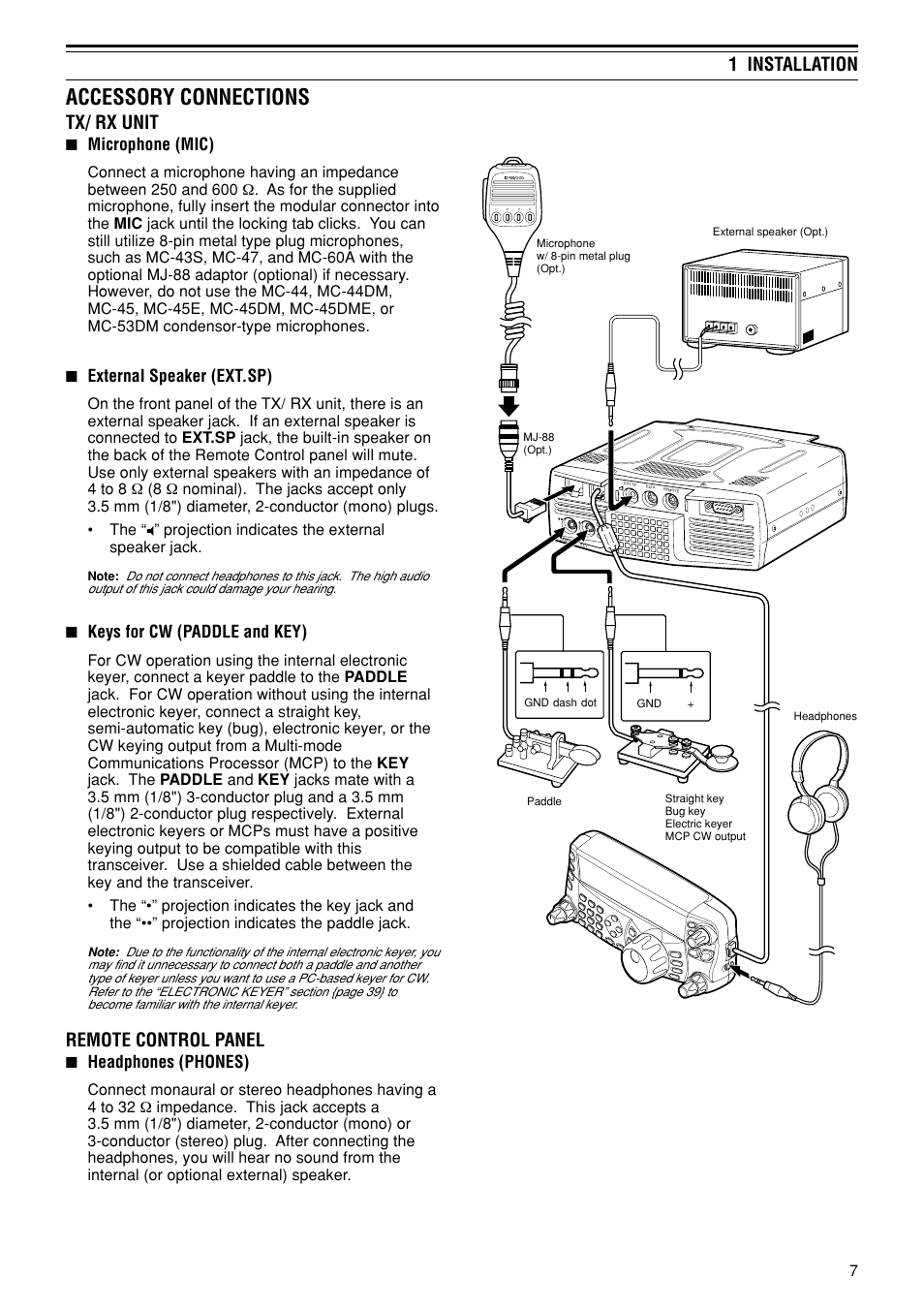 Accessory connections, 1 installation, Tx/ rx unit | Remote control panel, Microphone (mic), External speaker (ext.sp), Keys for cw (paddle and key), Headphones (phones) | Kenwood TS-480SAT User Manual | Page 15 / 104