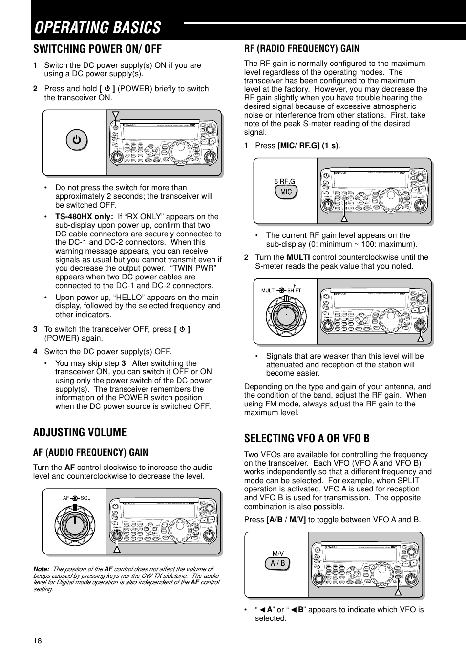 Operating basics, Switching power on/ off, Adjusting volume | Selecting vfo a or vfo b, Af (audio frequency) gain, Rf (radio frequency) gain, A ” or, B ” appears to indicate which vfo is selected, Af sql | Kenwood TS-480SAT User Manual | Page 26 / 104