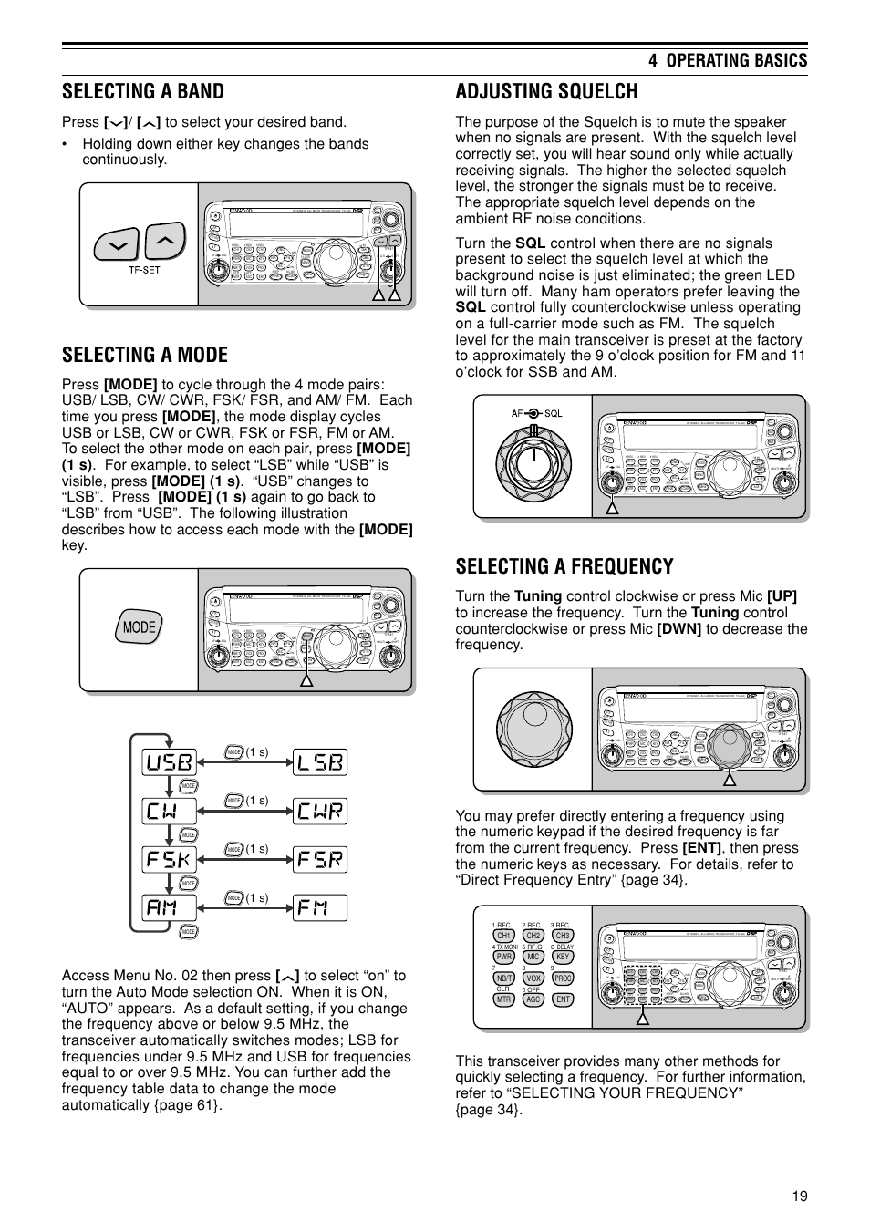 Selecting a band, Selecting a mode, Adjusting squelch | Selecting a frequency, 4 operating basics, 1 s), Ch1 ch2 ch3 pwr mic key vox proc agc ent mtr nb/t | Kenwood TS-480SAT User Manual | Page 27 / 104