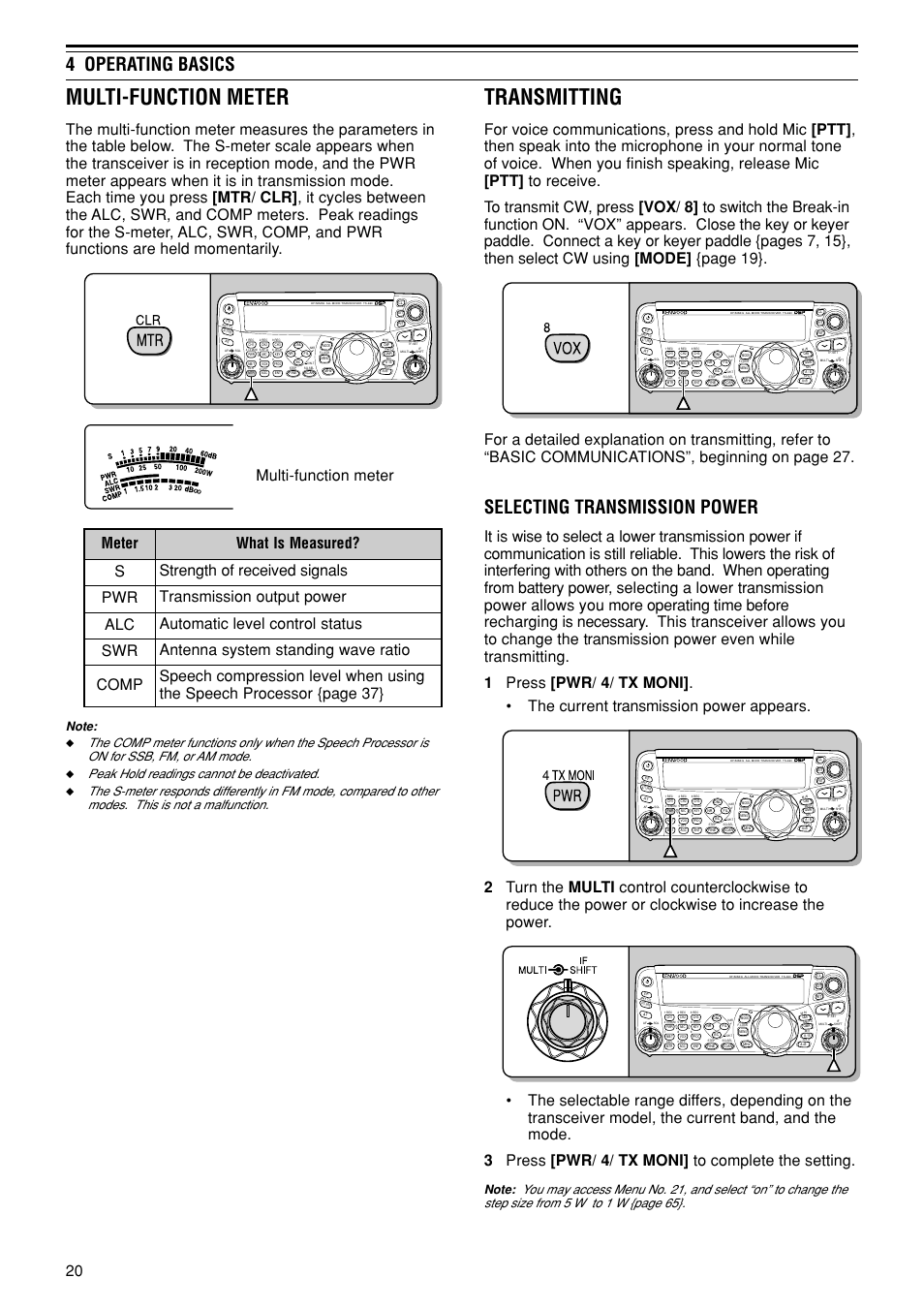 Multi-function meter, Transmitting, 4 operating basics | Selecting transmission power, Peak hold readings cannot be deactivated | Kenwood TS-480SAT User Manual | Page 28 / 104