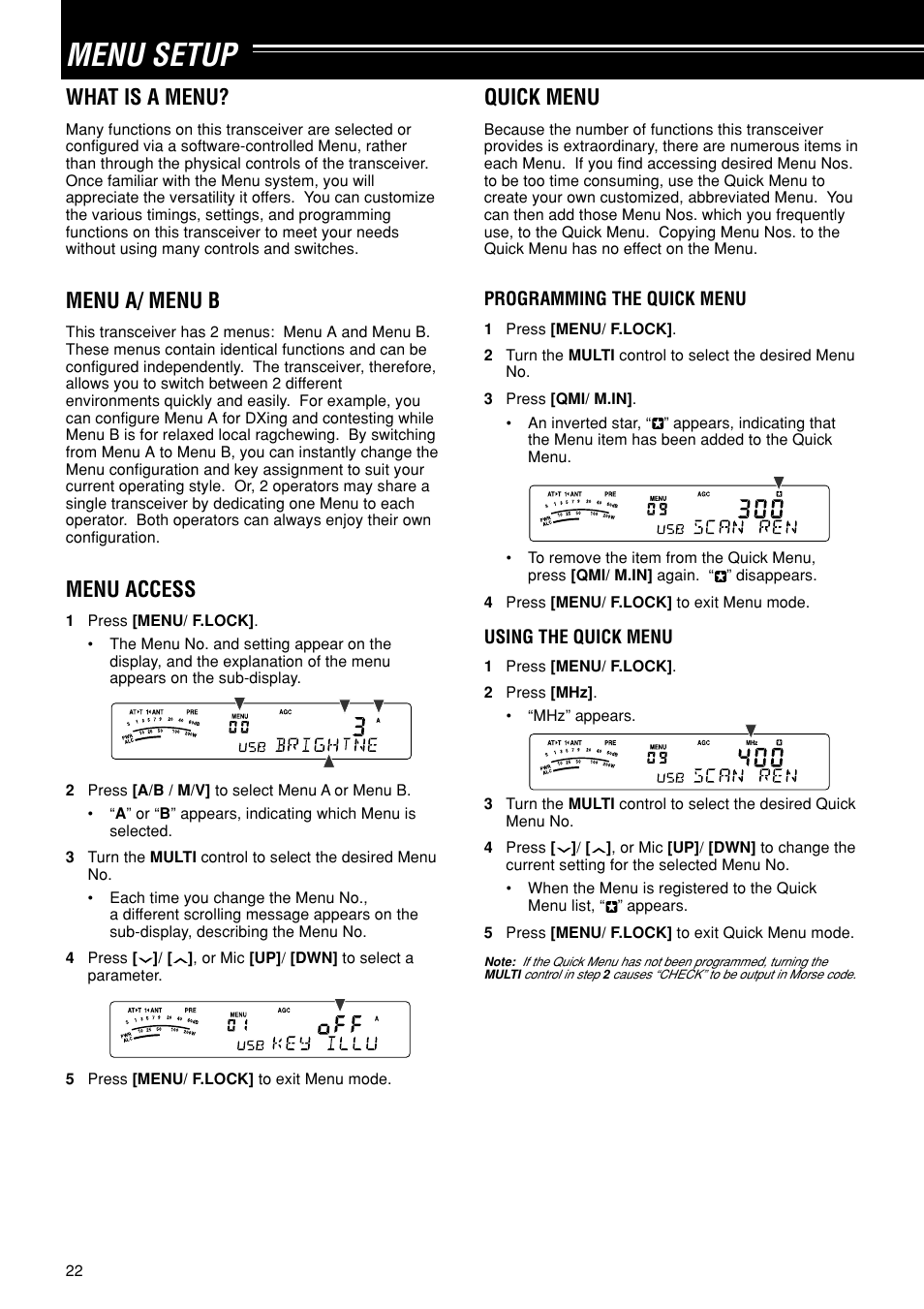 Menu setup, What is a menu, Menu a/ menu b | Menu access, Quick menu | Kenwood TS-480SAT User Manual | Page 30 / 104