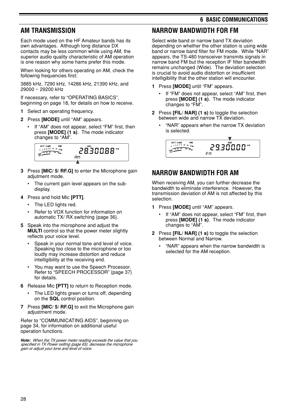 Am transmission, Narrow bandwidth for fm, Narrow bandwidth for am | Kenwood TS-480SAT User Manual | Page 36 / 104