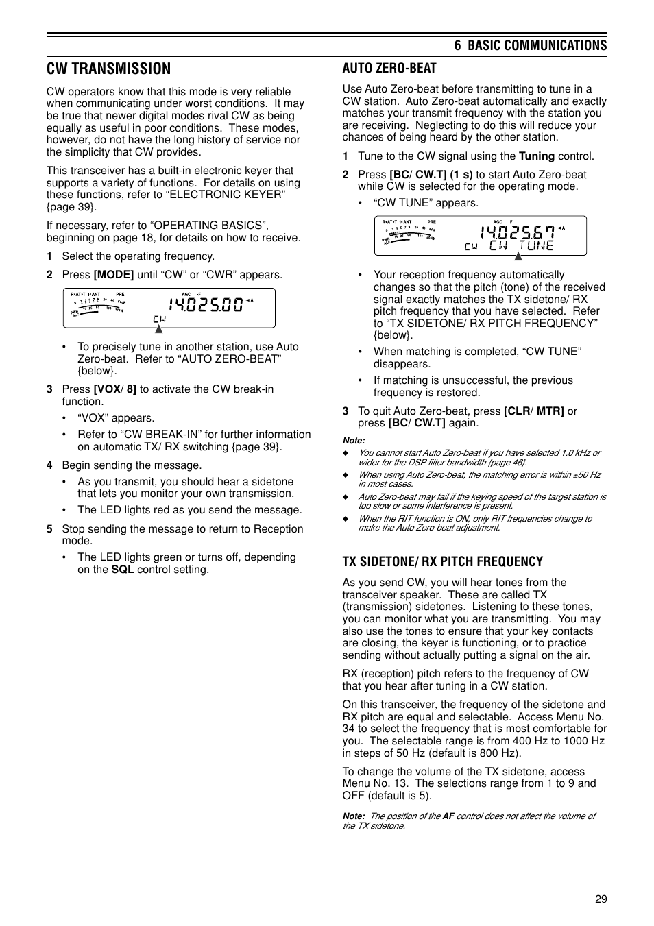 Cw transmission, 6 basic communications, Auto zero-beat | Tx sidetone/ rx pitch frequency | Kenwood TS-480SAT User Manual | Page 37 / 104