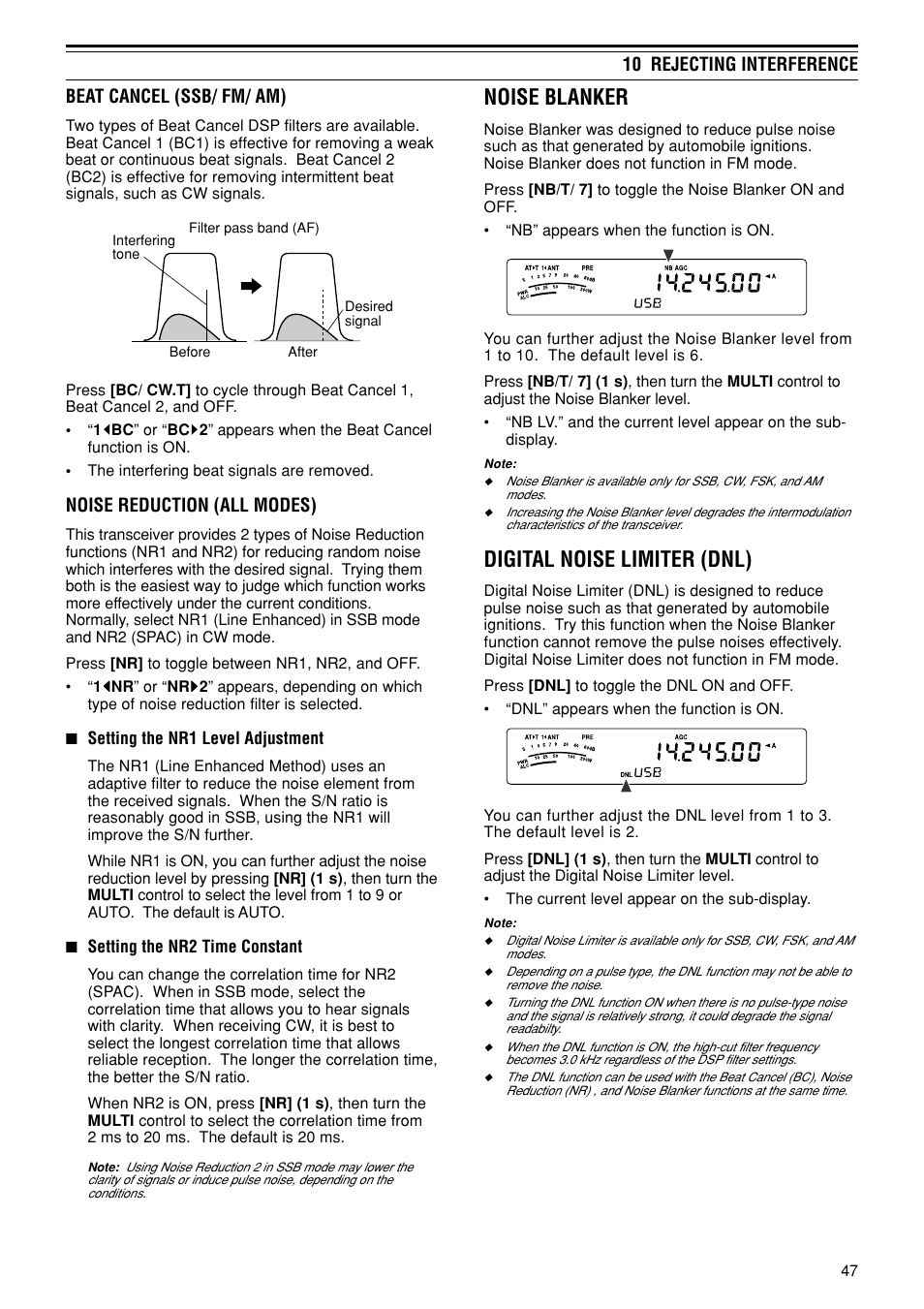 Noise blanker, Digital noise limiter (dnl), Noise reduction (all modes) | Kenwood TS-480SAT User Manual | Page 55 / 104