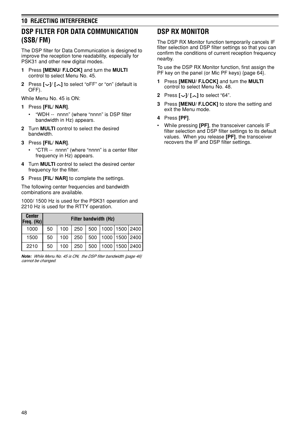 Dsp filter for data communication (ssb/ fm), Dsp rx monitor | Kenwood TS-480SAT User Manual | Page 56 / 104