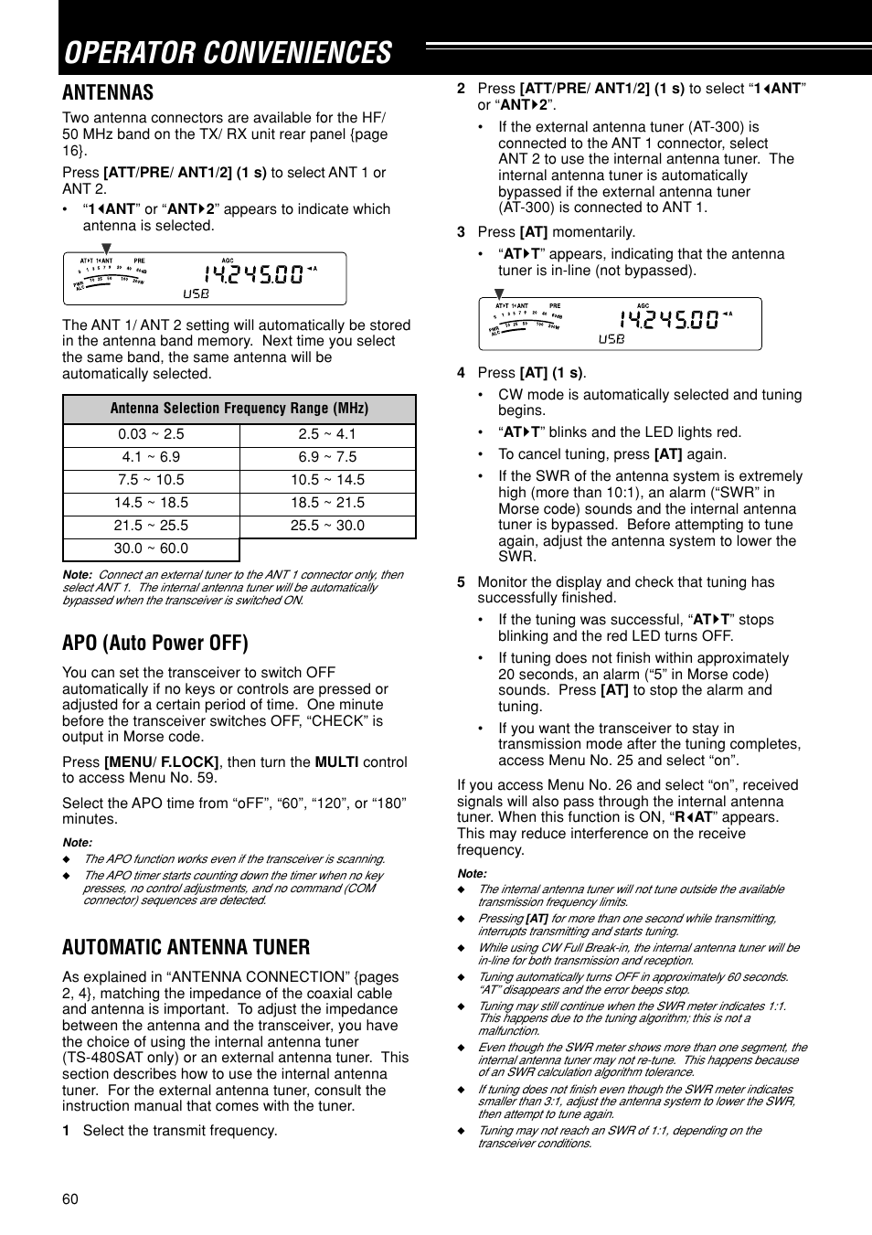 Operator conveniences, Antennas, Apo (auto power off) | Automatic antenna tuner | Kenwood TS-480SAT User Manual | Page 68 / 104