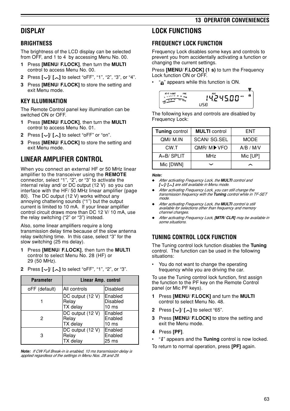 Display, Linear amplifier control, Lock functions | Kenwood TS-480SAT User Manual | Page 71 / 104