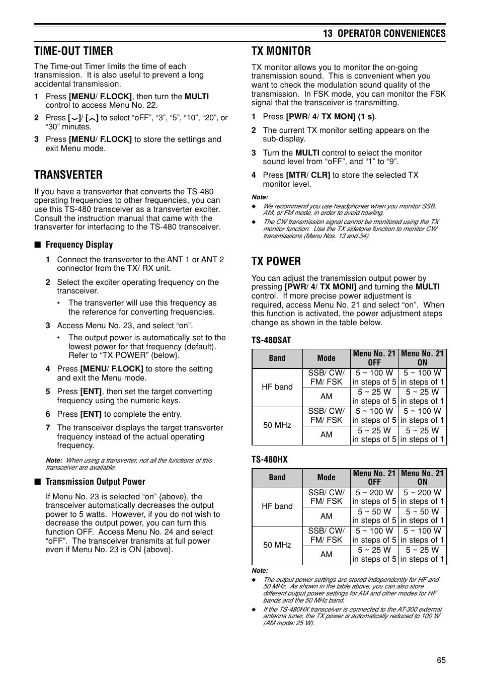 Tx monitor, Tx power, Time-out timer | Transverter | Kenwood TS-480SAT User Manual | Page 73 / 104