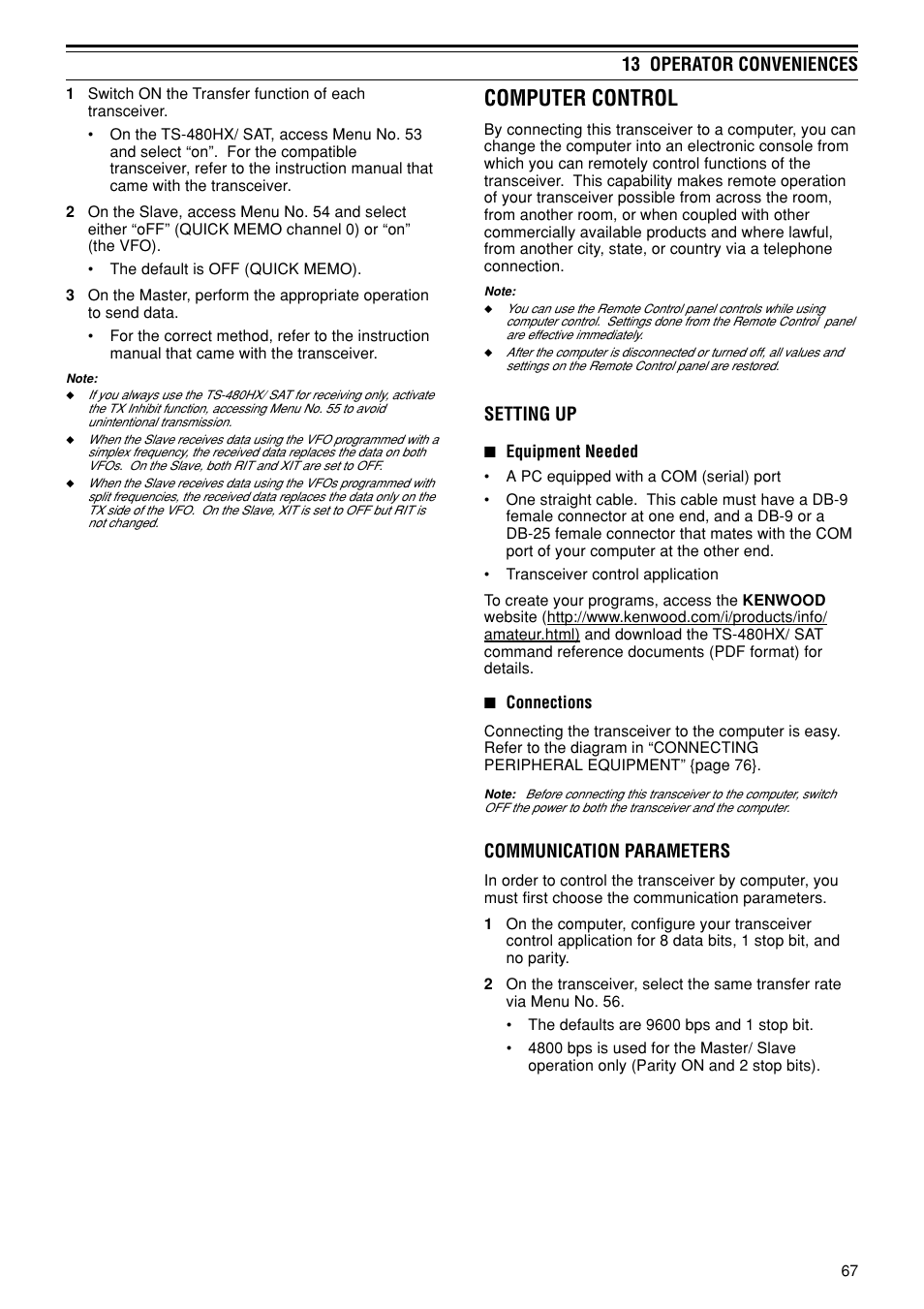 Computer control, 13 operator conveniences, Setting up | Communication parameters | Kenwood TS-480SAT User Manual | Page 75 / 104