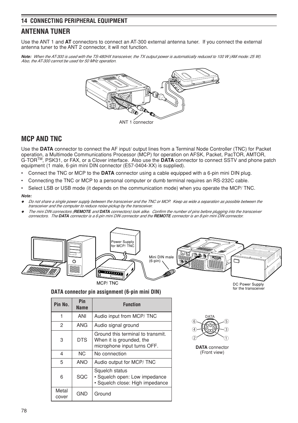 Antenna tuner, Mcp and tnc, 14 connecting peripheral equipment | Kenwood TS-480SAT User Manual | Page 86 / 104