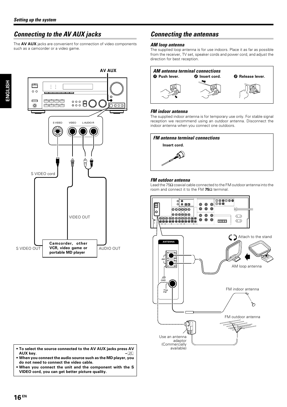 Connecting to the av aux jacks, Connecting the antennas, English | Am loop antenna, Am antenna terminal connections, Fm indoor antenna, Fm antenna terminal connections, Fm outdoor antenna, Setting up the system | Kenwood KRF-V8070D User Manual | Page 16 / 48