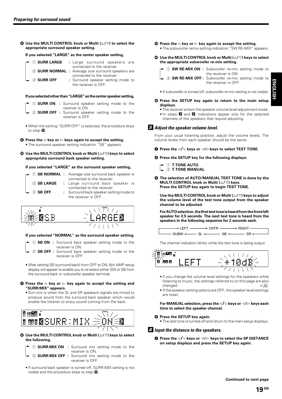 English, Adjust the speaker volume level, Input the distance to the speakers | Preparing for surround sound | Kenwood KRF-V8070D User Manual | Page 19 / 48