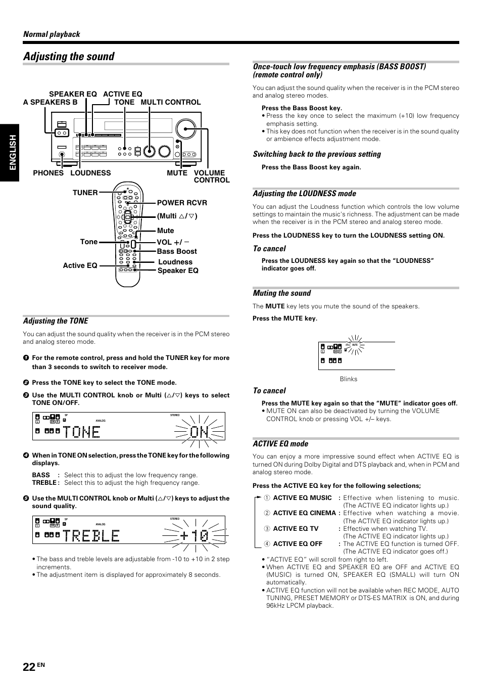 Adjusting the sound, English normal playback, Adjusting the tone | Switching back to the previous setting, Adjusting the loudness mode, Muting the sound, Active eq mode | Kenwood KRF-V8070D User Manual | Page 22 / 48