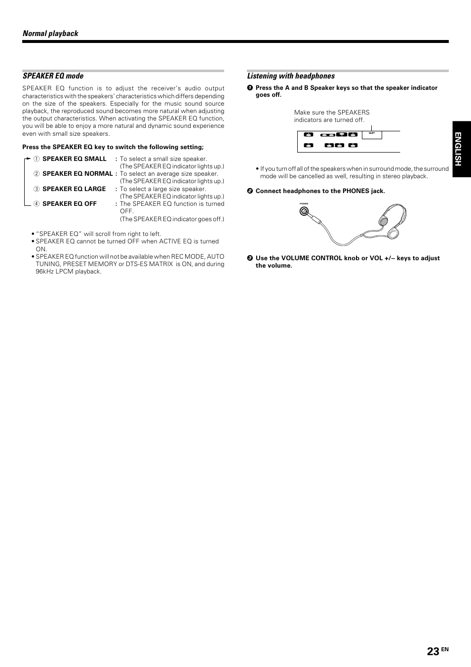 English normal playback, Speaker eq mode, Listening with headphones | Kenwood KRF-V8070D User Manual | Page 23 / 48