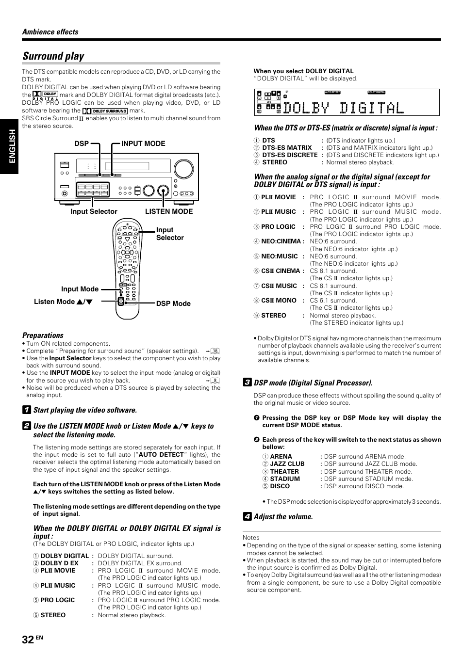 Surround play, English, Preparations | Start playing the video software, Ambience effects, Dsp mode (digital signal processor), Adjust the volume | Kenwood KRF-V8070D User Manual | Page 32 / 48