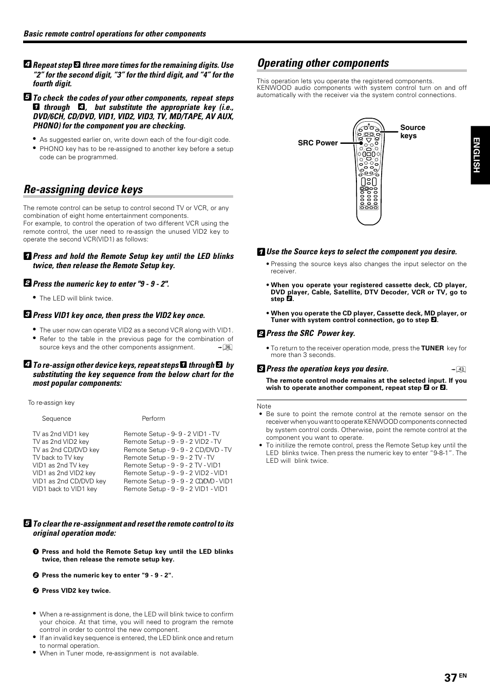 Re-assigning device keys, Operating other components | Kenwood KRF-V8070D User Manual | Page 37 / 48