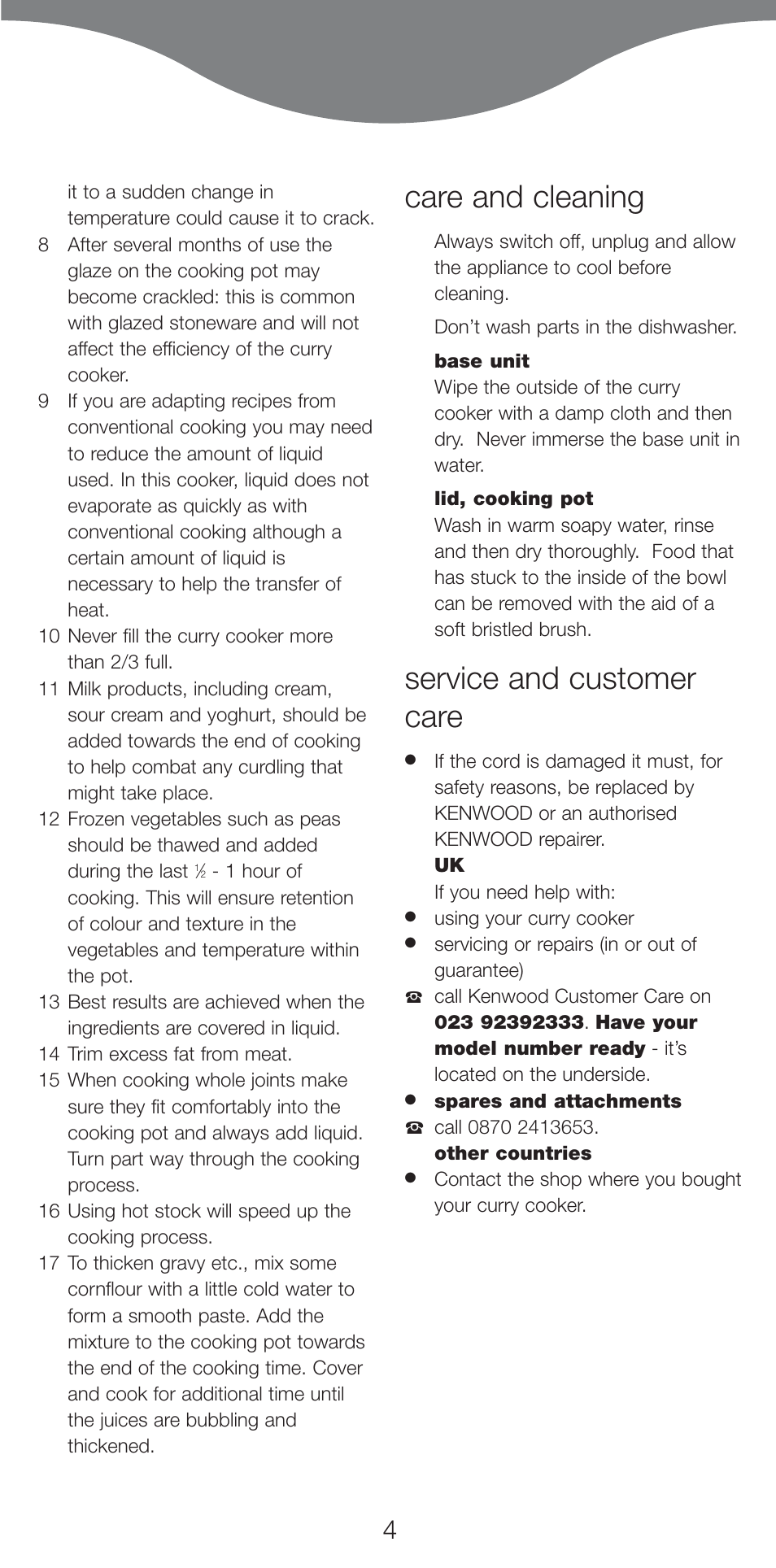 Care and cleaning, Service and customer care | Kenwood CP665 User Manual | Page 4 / 8