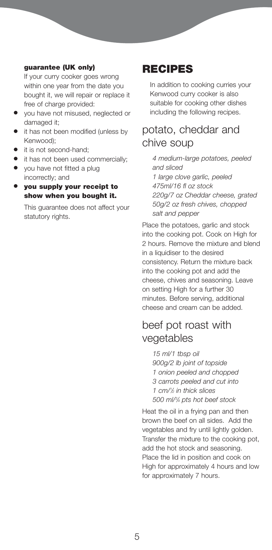 Recipes, Potato, cheddar and chive soup, Beef pot roast with vegetables | Kenwood CP665 User Manual | Page 5 / 8