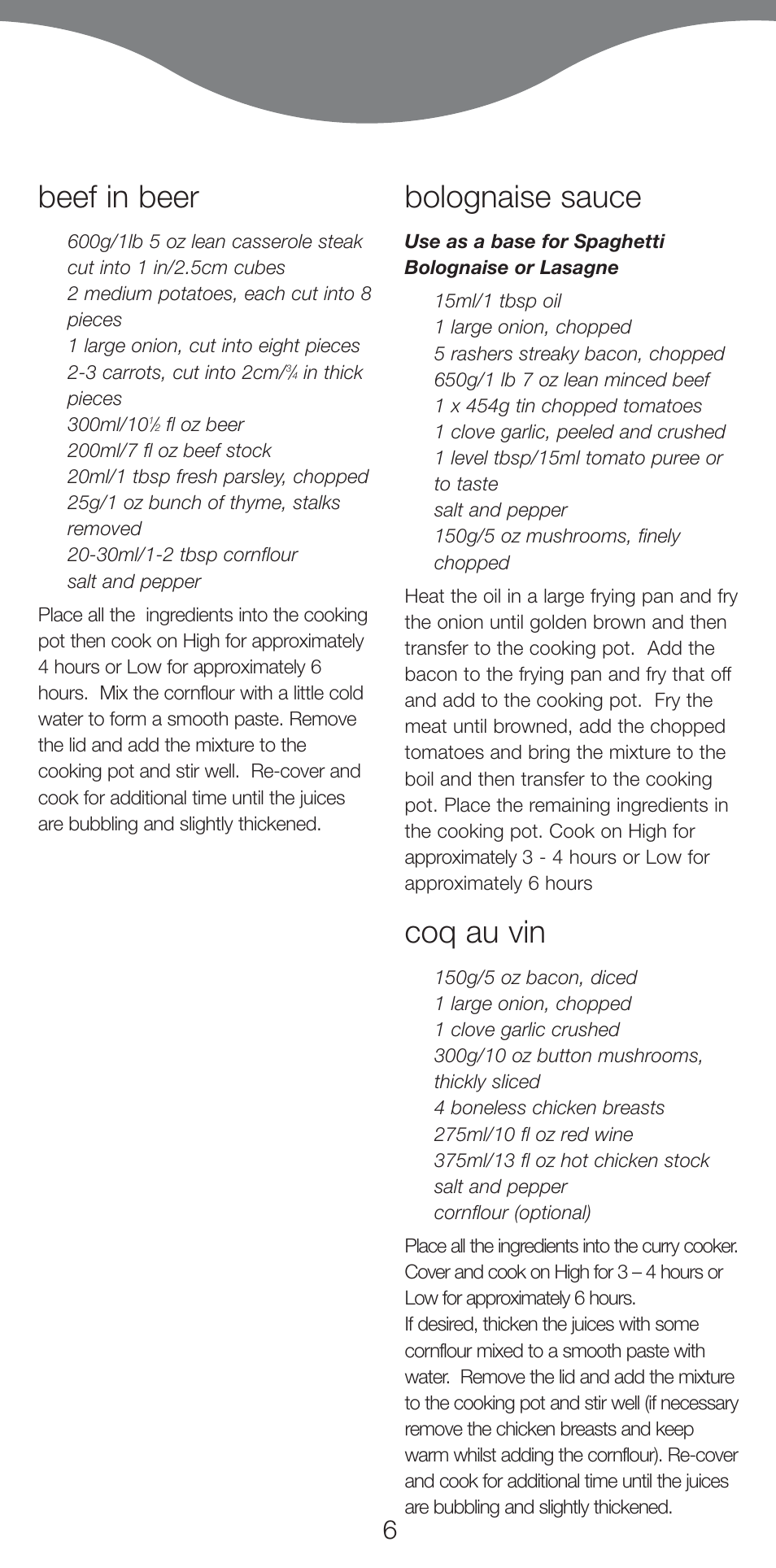 Beef in beer, Bolognaise sauce, Coq au vin | Kenwood CP665 User Manual | Page 6 / 8