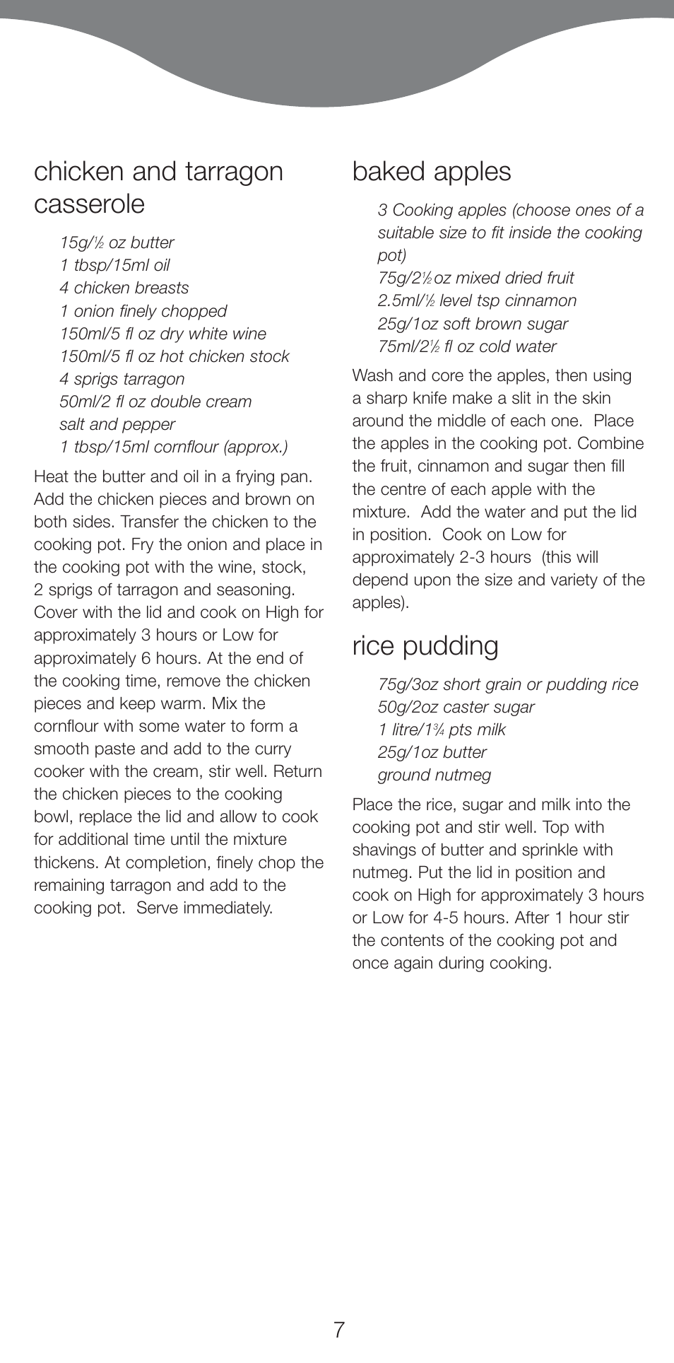 Chicken and tarragon casserole, Baked apples, Rice pudding | Kenwood CP665 User Manual | Page 7 / 8