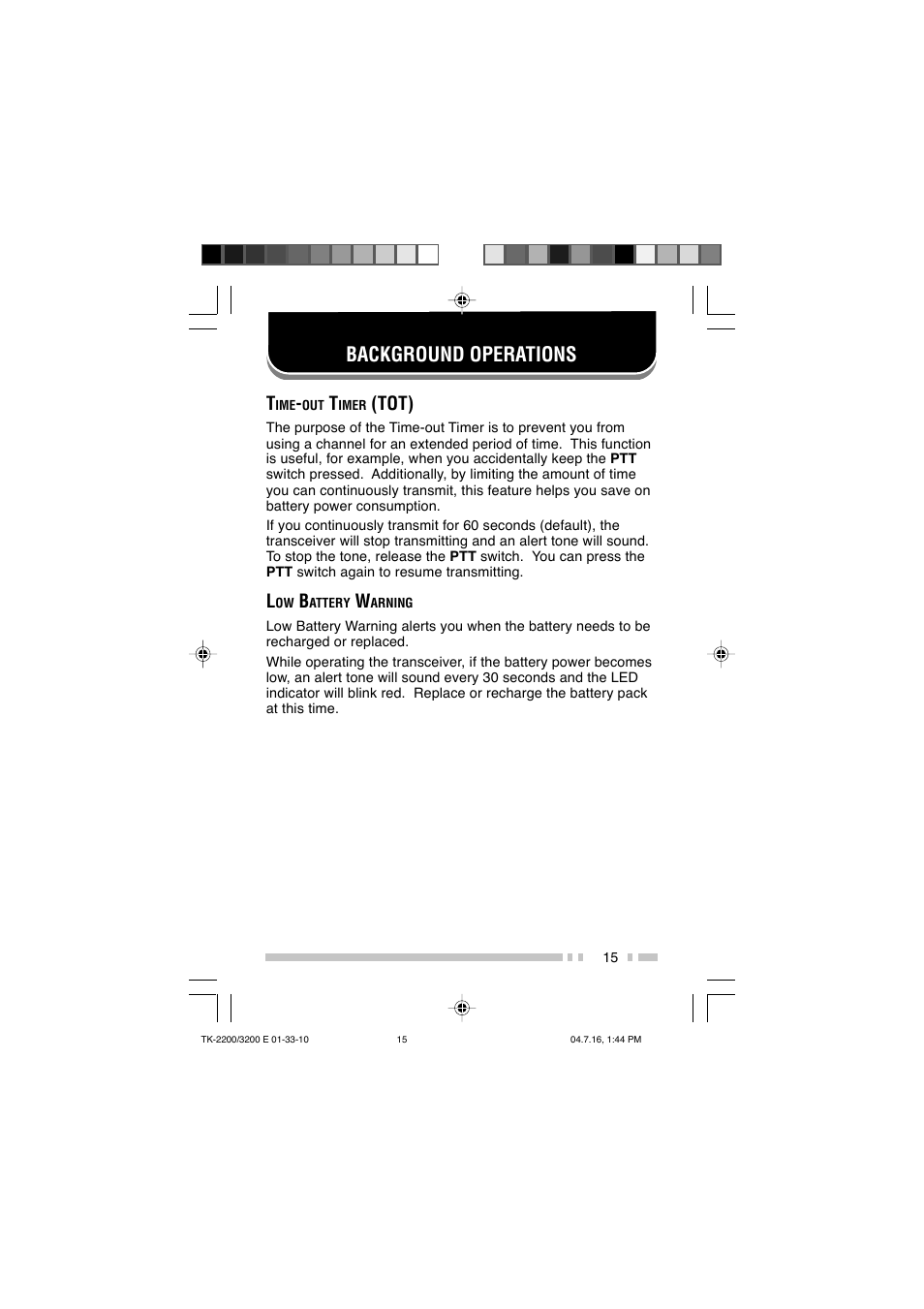 Background operations, Tot) | Kenwood TK-2200 User Manual | Page 23 / 41