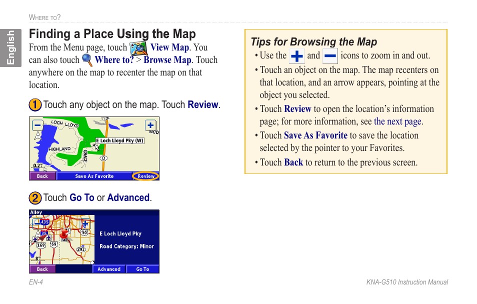Finding a place using the map, Finding.a.place.using.the.map, Finding a place using the using the map | Kenwood KNA-G510 User Manual | Page 10 / 160